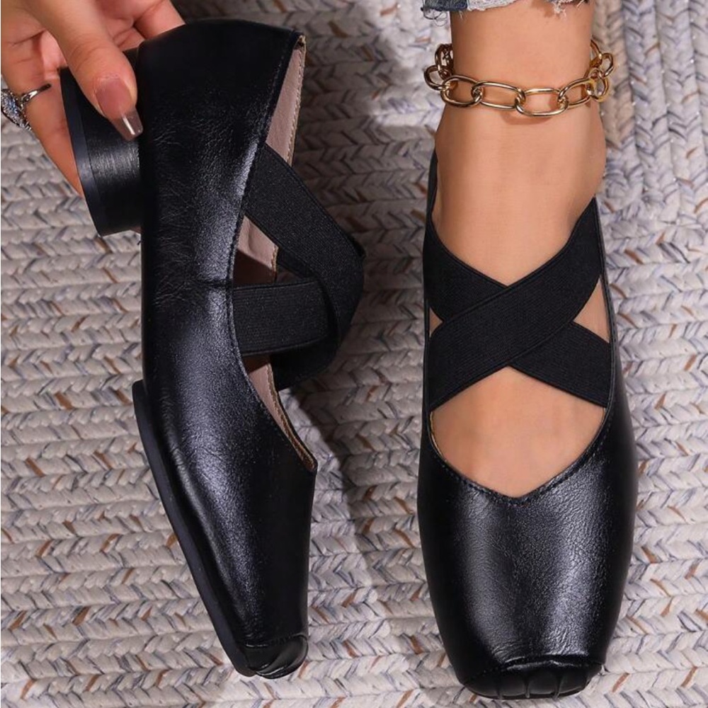 Rebellious Rose Black Crisscross Leather Ballet Flats